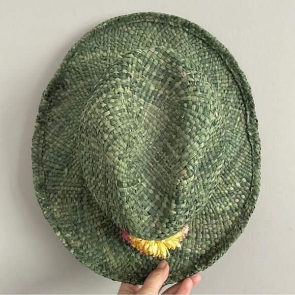 Vintage Green Straw Fedora Hat w/ Flowers - made by Vicki Sather 🇨🇦 - Picture 9 of 11